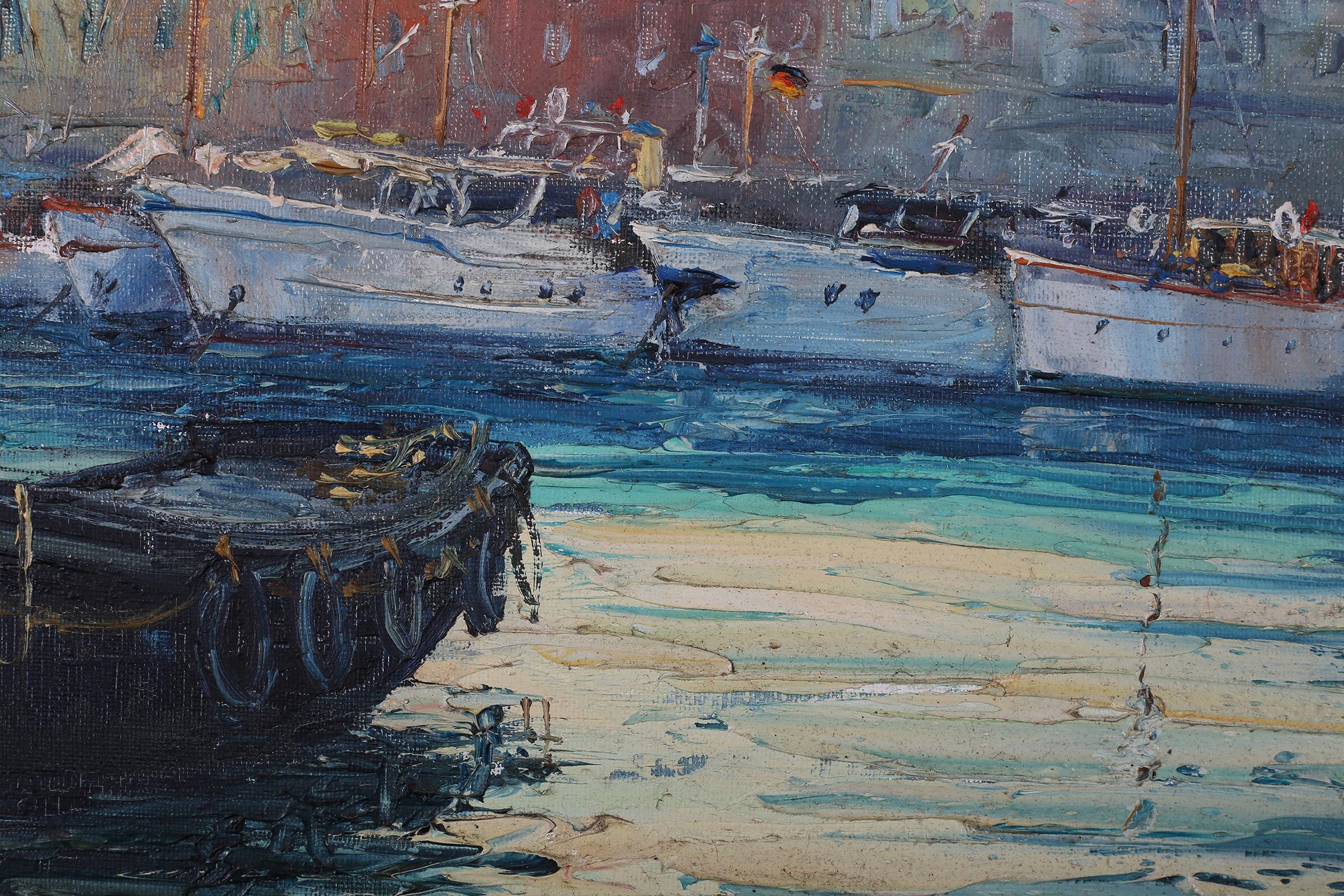 ARR Julian Porisse, (French b.1927), St Tropez, moored yachts from the water, oil on canvas, signed, - Image 4 of 6