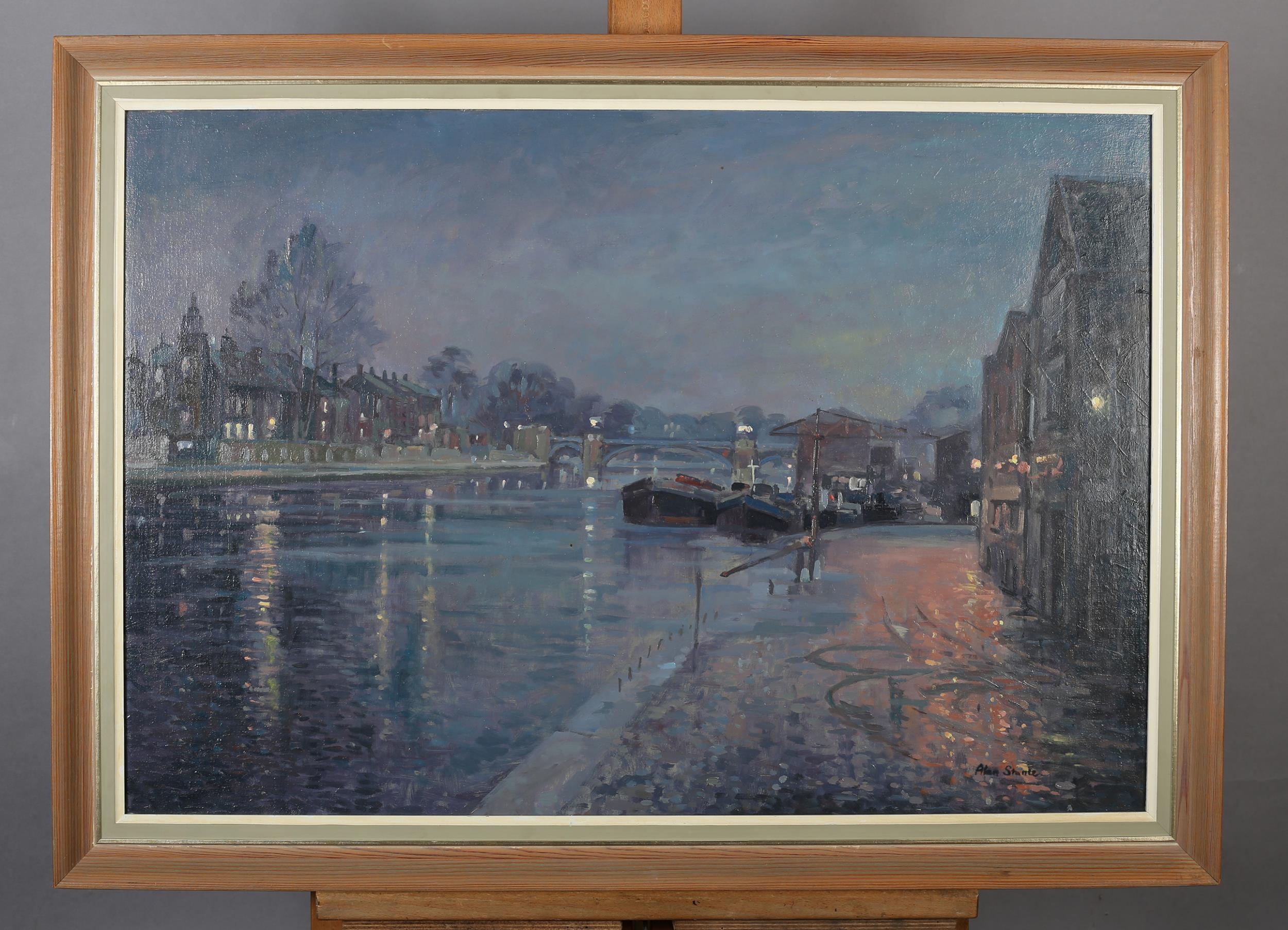 ARR Alan Stanle (20th century), The Thames at night with moored barges and bankside houses, oil on - Image 2 of 4