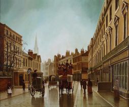 ARR Steven Scholes (b.1952), Edwardian Street scene with horse-drawn omnibus and carriages, oil on