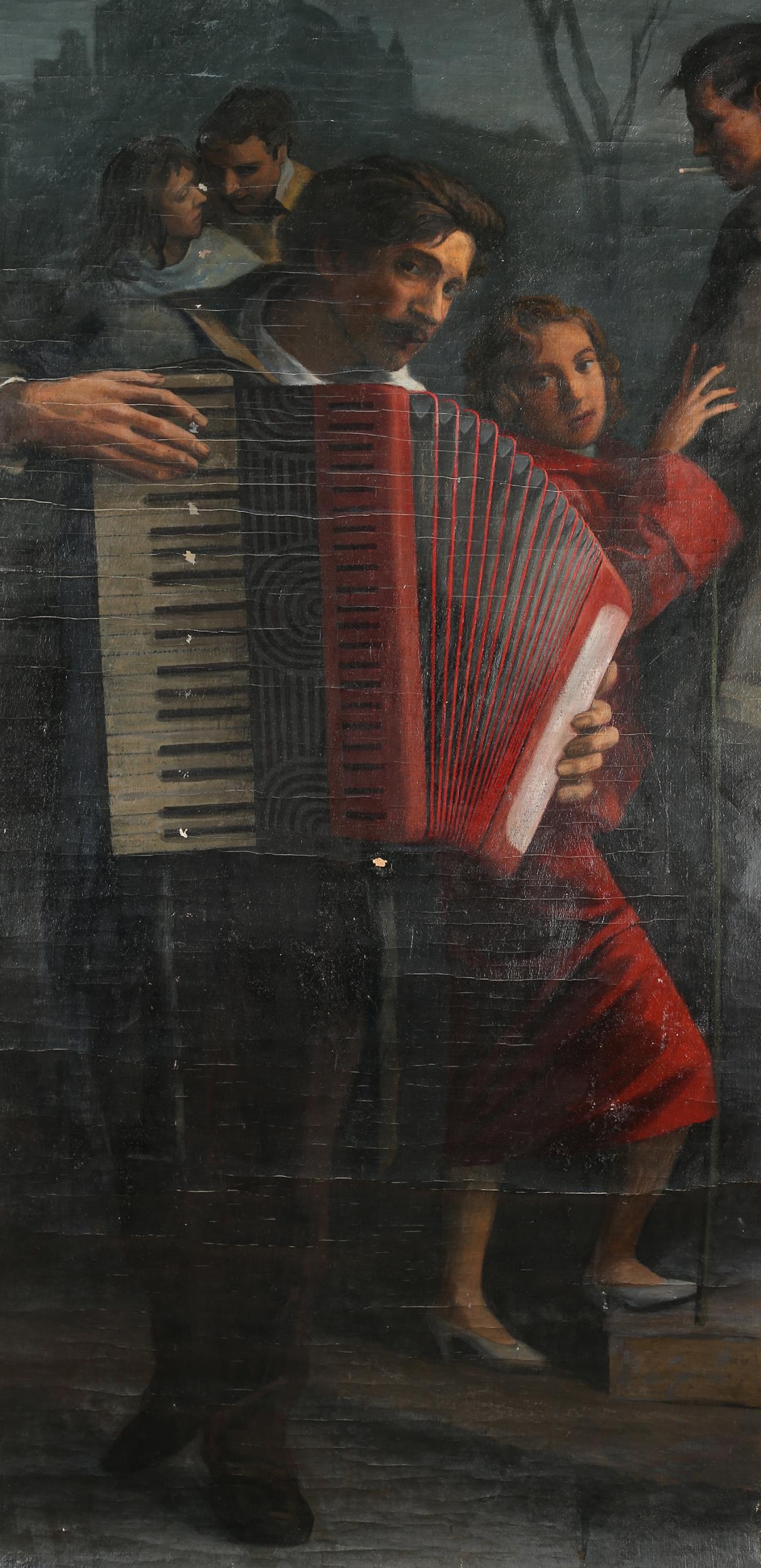 ARR Colin Frooms (1933-2017), The Accordion Player, portrait, full length, oil on canvas, 162cm x