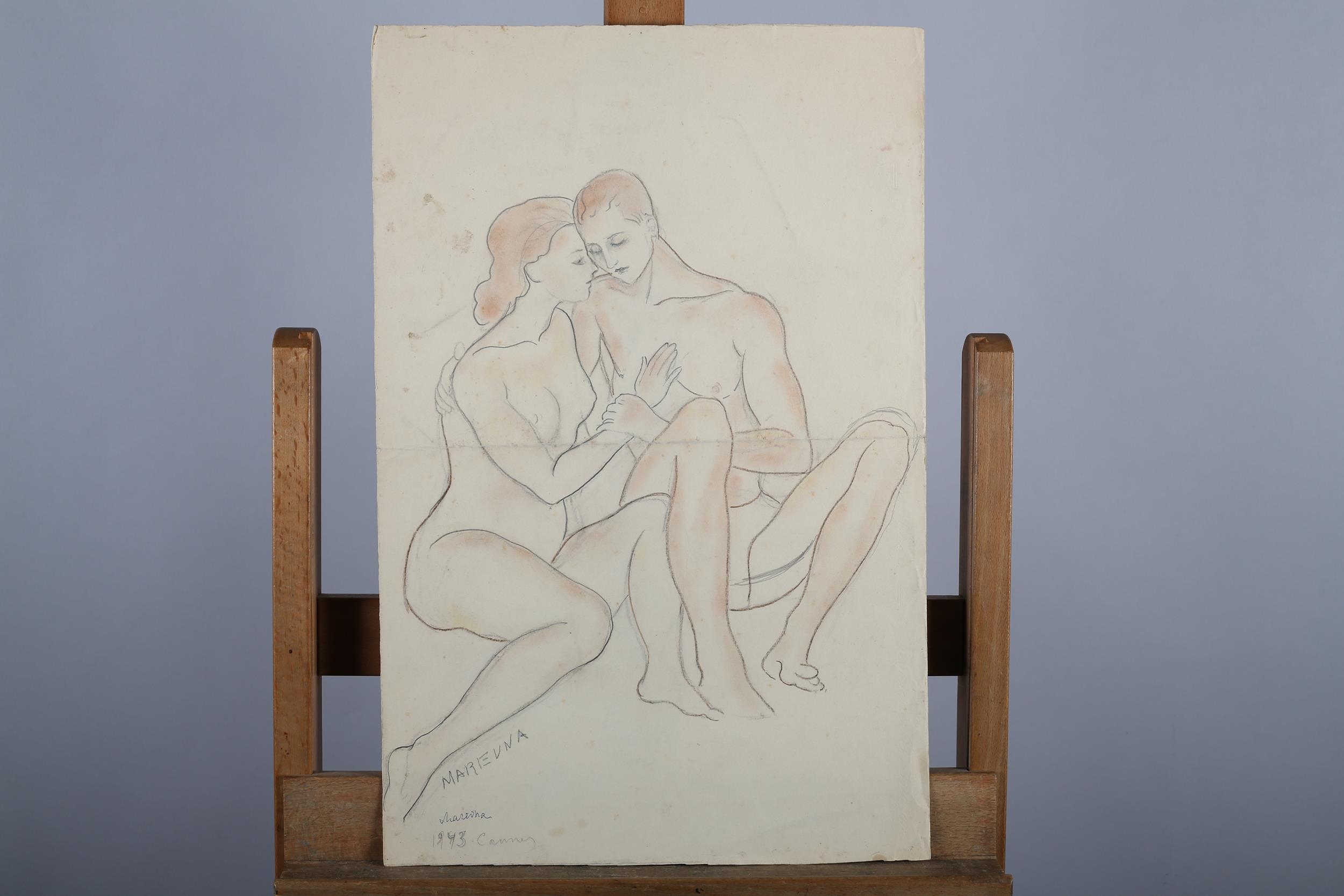 Marevna - Marie Vorobieff Marvena (Russian 1892-1984), Nude male and female embracing, pencil and - Image 2 of 4