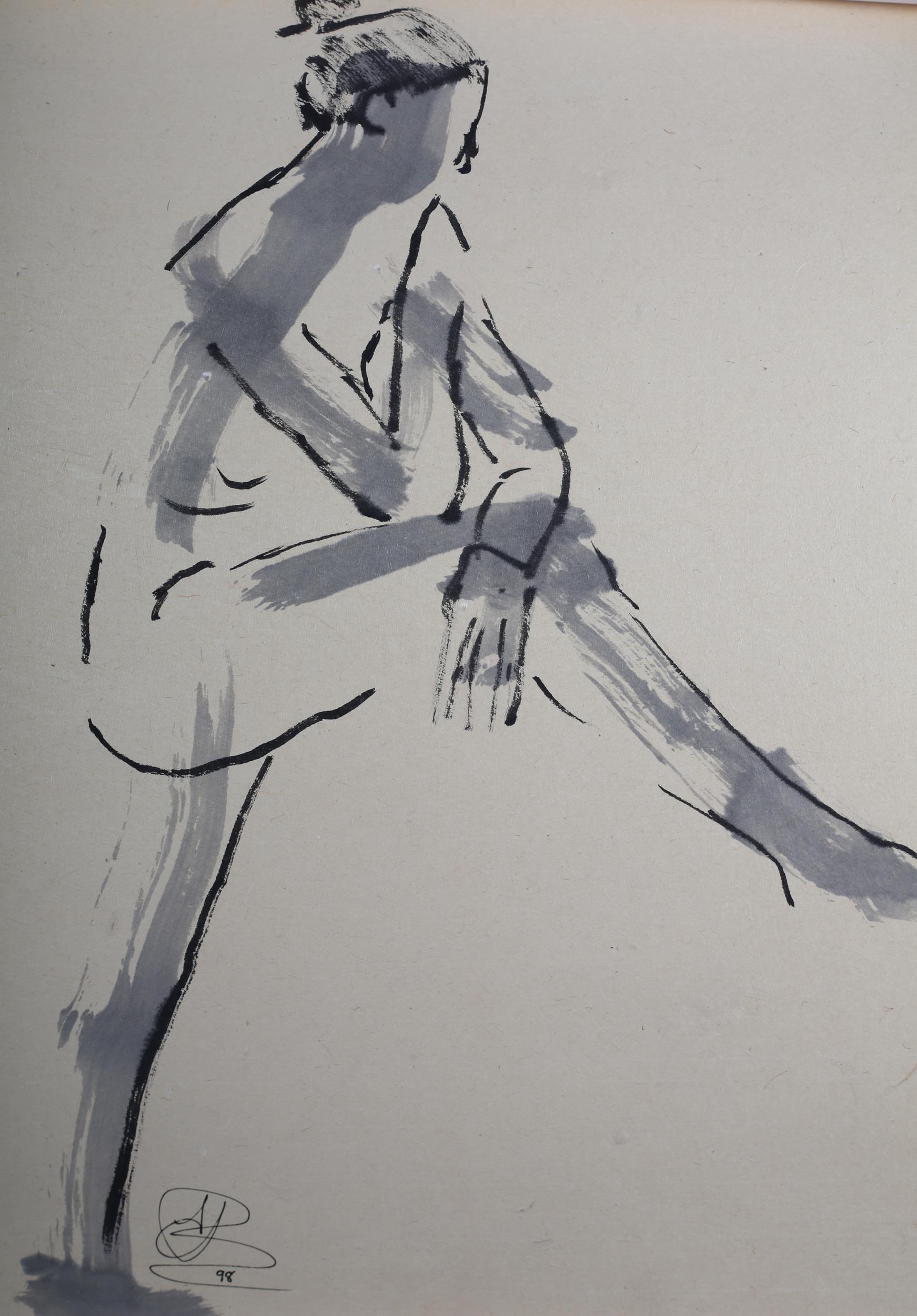 ARR E Bissett (20th/21st century), Nude studies, colour wash, crayon and charcoal, brush and stick - Image 3 of 4