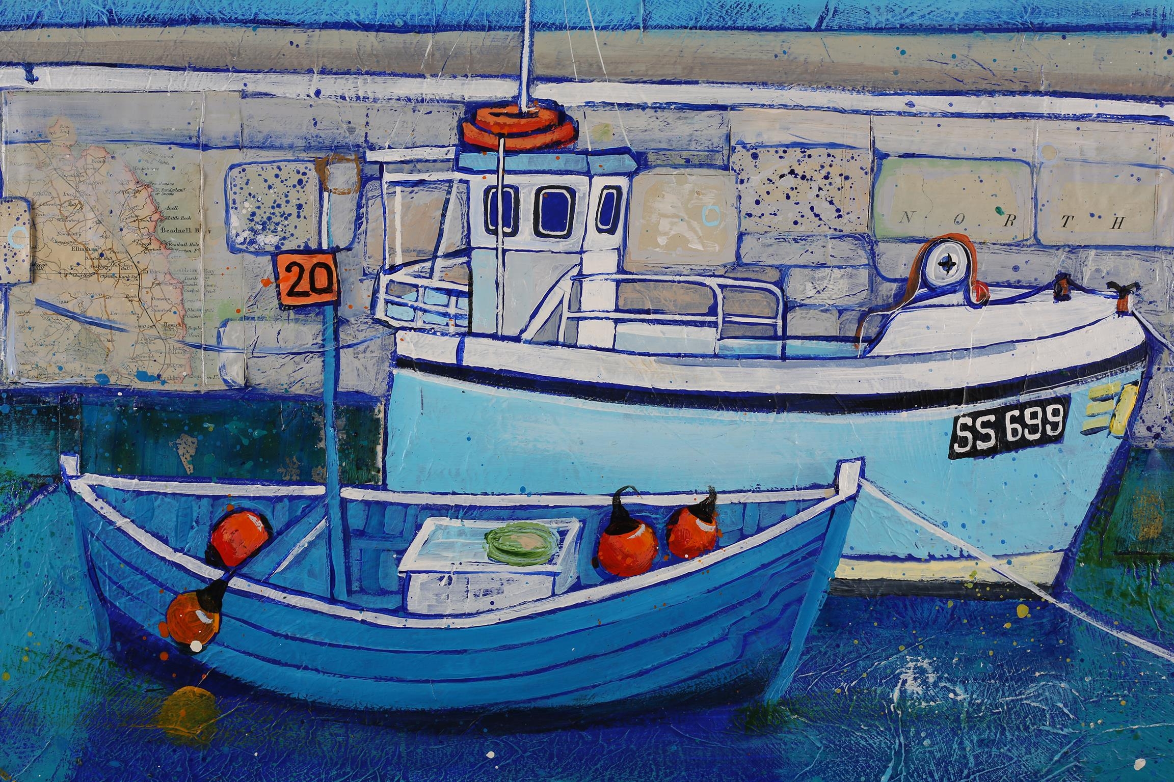 ARR Joanne Wishart (Contemporary), Harbour scene with moored fishing boats, Northumberland, mixed - Image 3 of 4