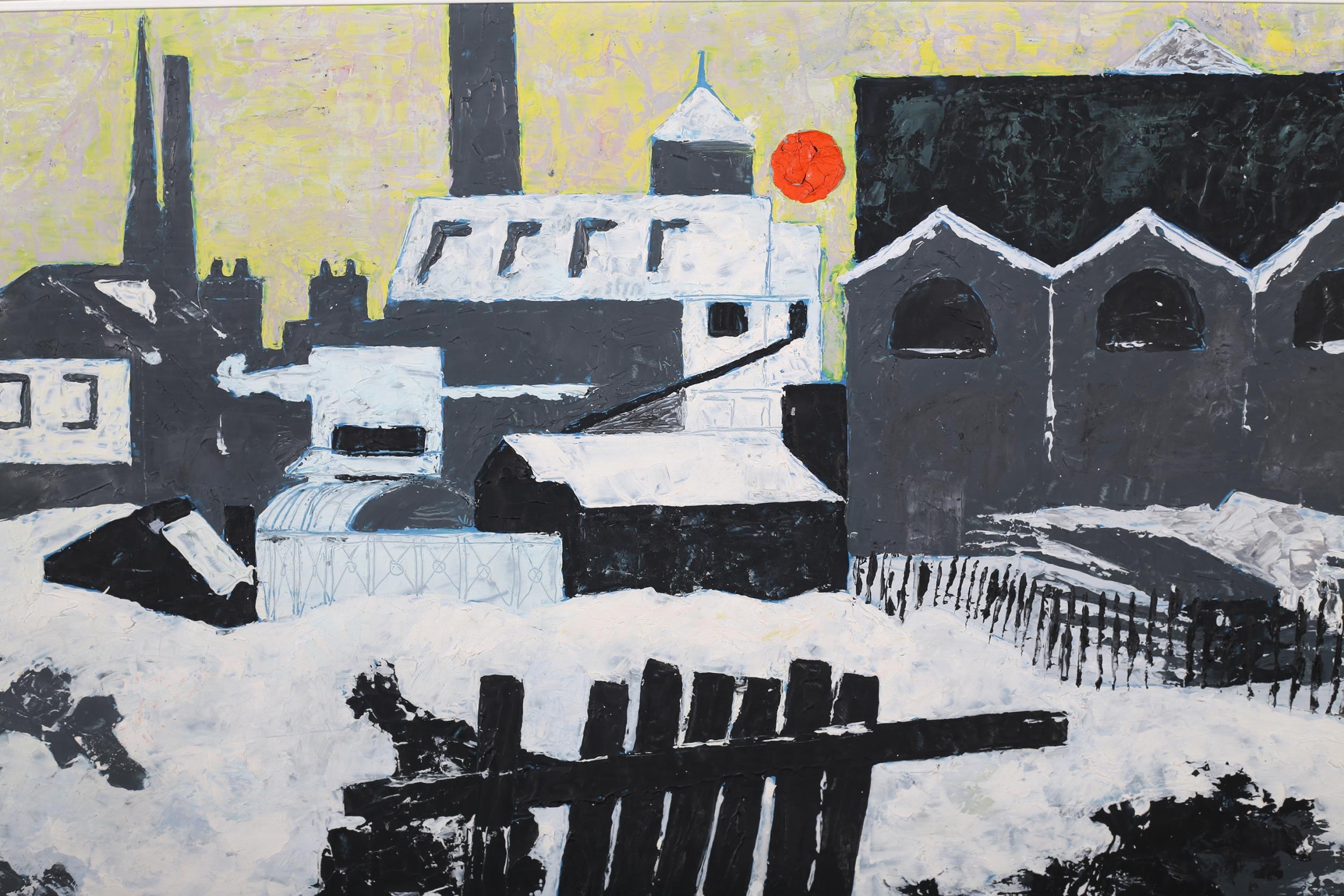 ARR S* K* Ball (20th century), snow covered industrial landscape, oil on board, signed to lower - Image 3 of 5