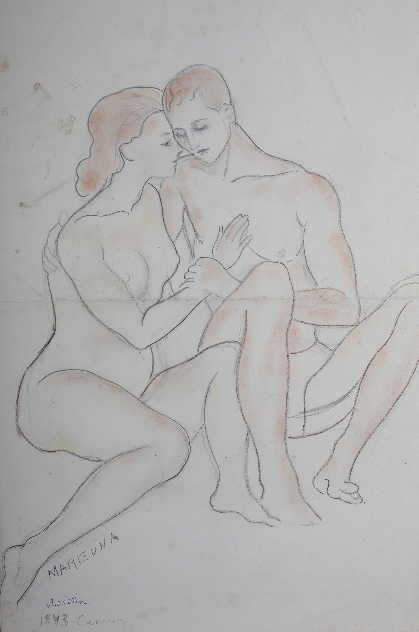 Marevna - Marie Vorobieff Marvena (Russian 1892-1984), Nude male and female embracing, pencil and