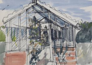 ARR Druie Bowett (1924-1998), Our Old Greenhouse, pen and ink and wash, signed to lower right,