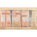 ARR Druie Bowett (1924-1998), landscape in orange and browns on woven cotton panel laid out onto oak