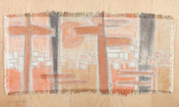 ARR Druie Bowett (1924-1998), landscape in orange and browns on woven cotton panel laid out onto oak