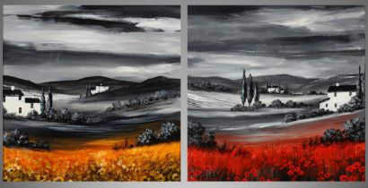 ARR Digby Page (b.1945), Shadows Over Red and Fields of Gold, a pair, acrylic on board, signed,