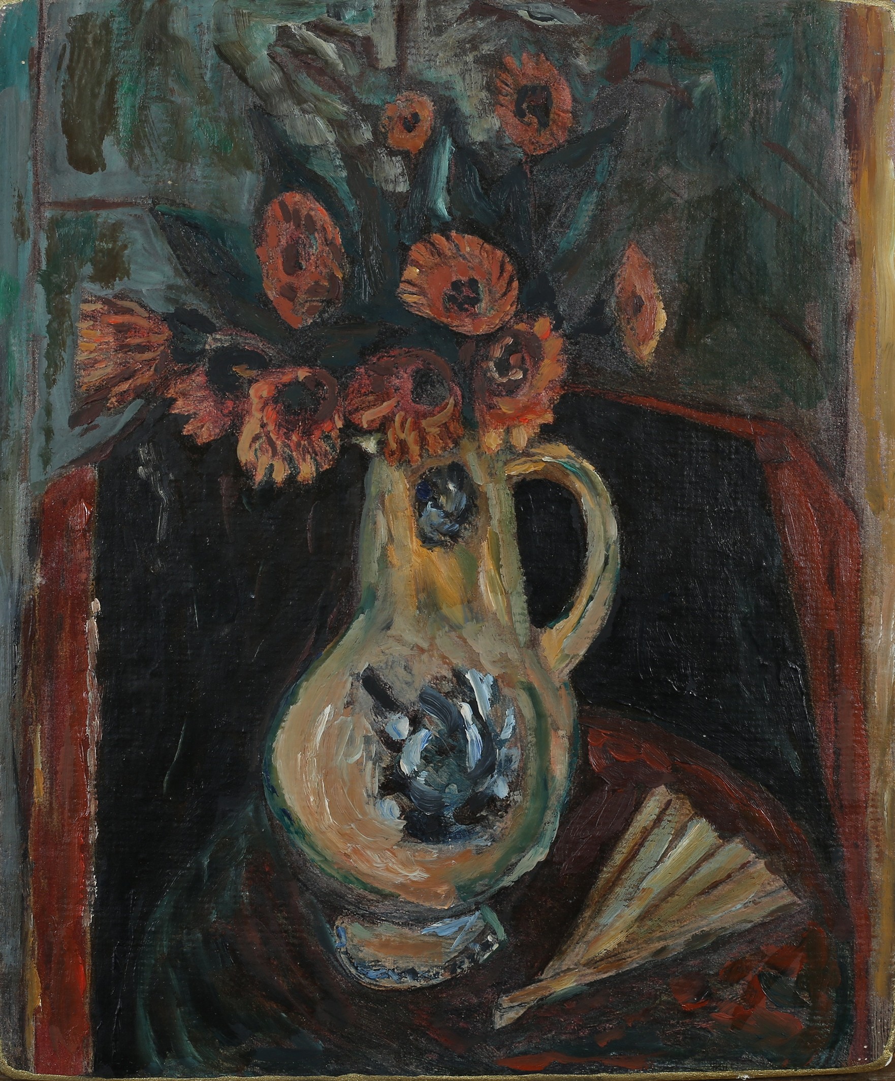 After René Auberjonois (Swiss 1872-1957), Stilleben, flowers and fan on a table, oil on paper laid