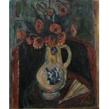 After René Auberjonois (Swiss 1872-1957), Stilleben, flowers and fan on a table, oil on paper laid