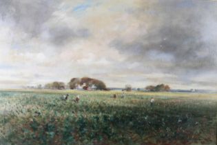 ARR J Barrie Haste (1931-2011), Lincolnshire landscape with farmhands picking the crop, oil on