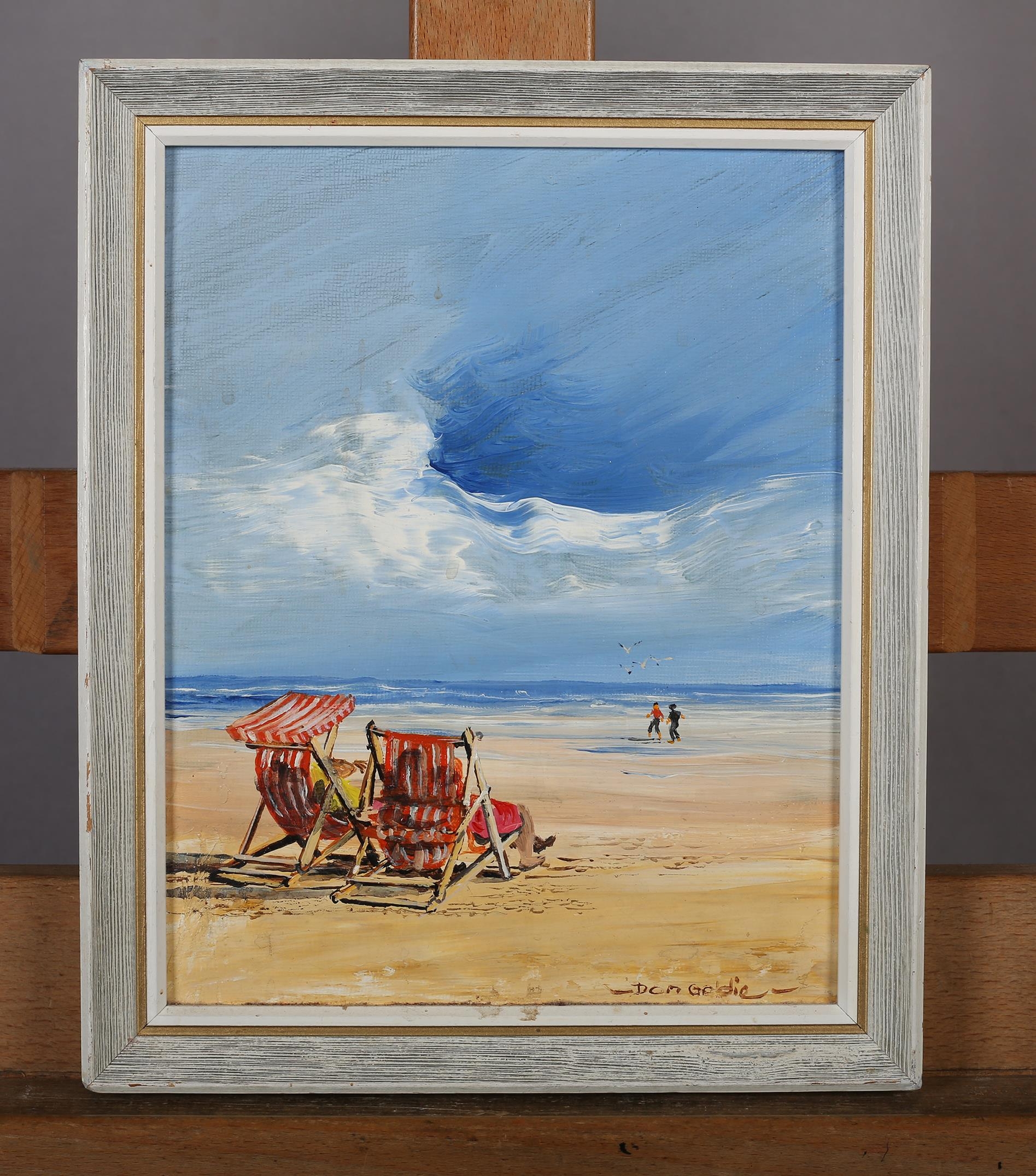 ARR Dom Goldie (Contemporary), Sitting On The Beach, oil on board, signed to lower right, 25cm x - Image 2 of 4