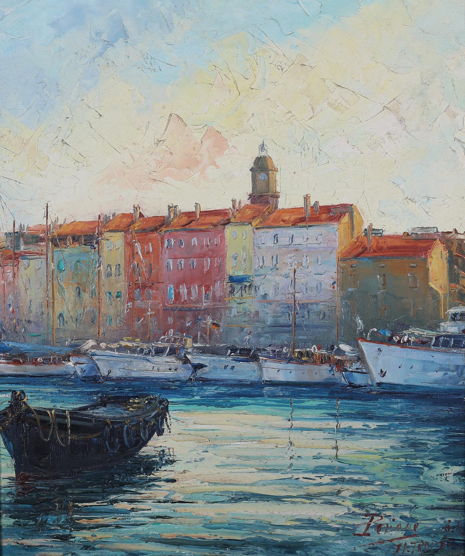 ARR Julian Porisse, (French b.1927), St Tropez, moored yachts from the water, oil on canvas, signed,