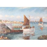 J*ue (Mid-20th century), Danish, Danish coastal scene with fishing boats heading out to sea, oil