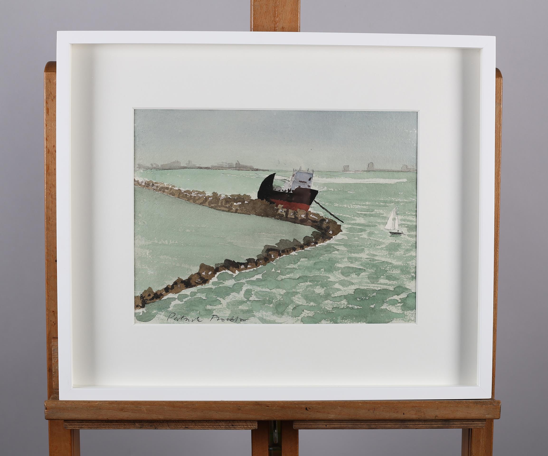 ARR Patrick Procktor (1936-2003), Cargo ship at anchor beside a breakwater, watercolour over pencil, - Image 4 of 4