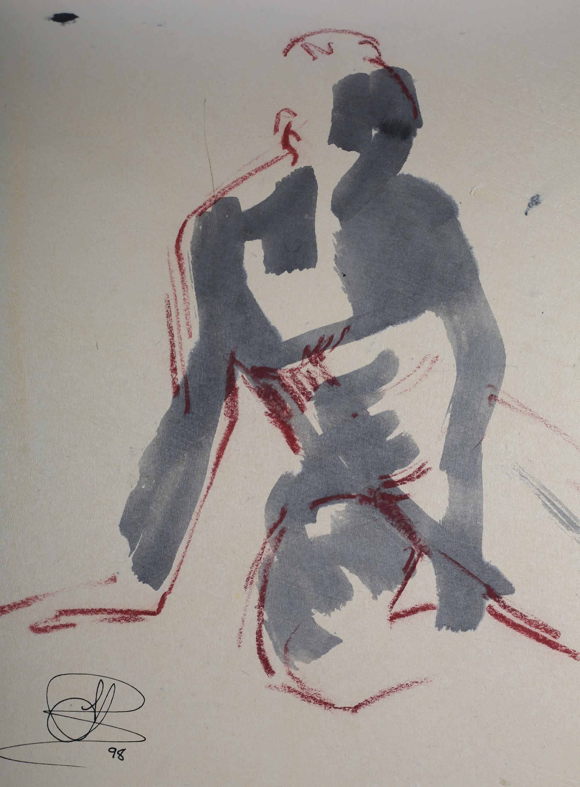 ARR E Bissett (20th/21st century), Nude studies, colour wash, crayon and charcoal, brush and stick - Image 4 of 4