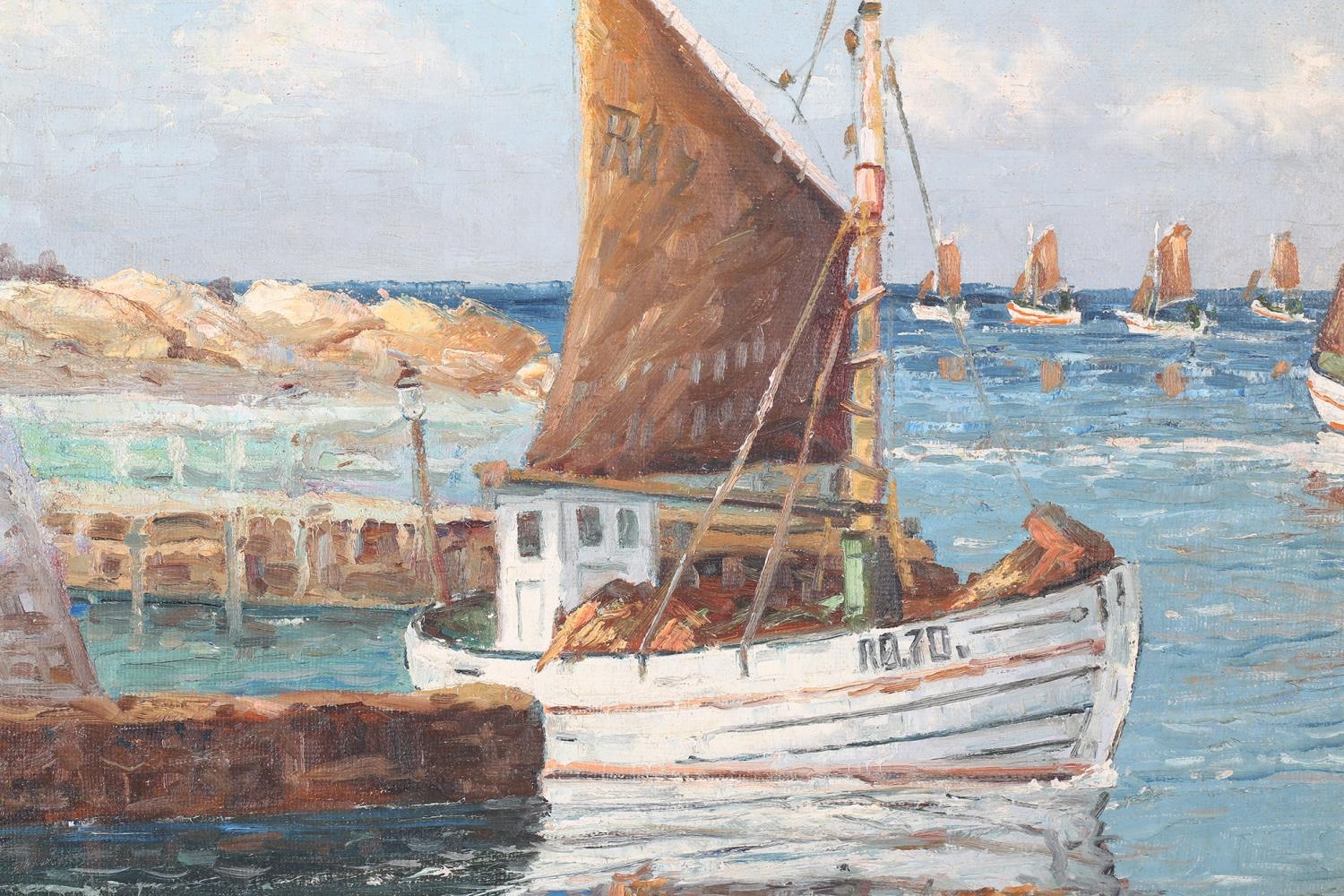 J*ue (Mid-20th century), Danish, Danish coastal scene with fishing boats heading out to sea, oil - Image 3 of 6