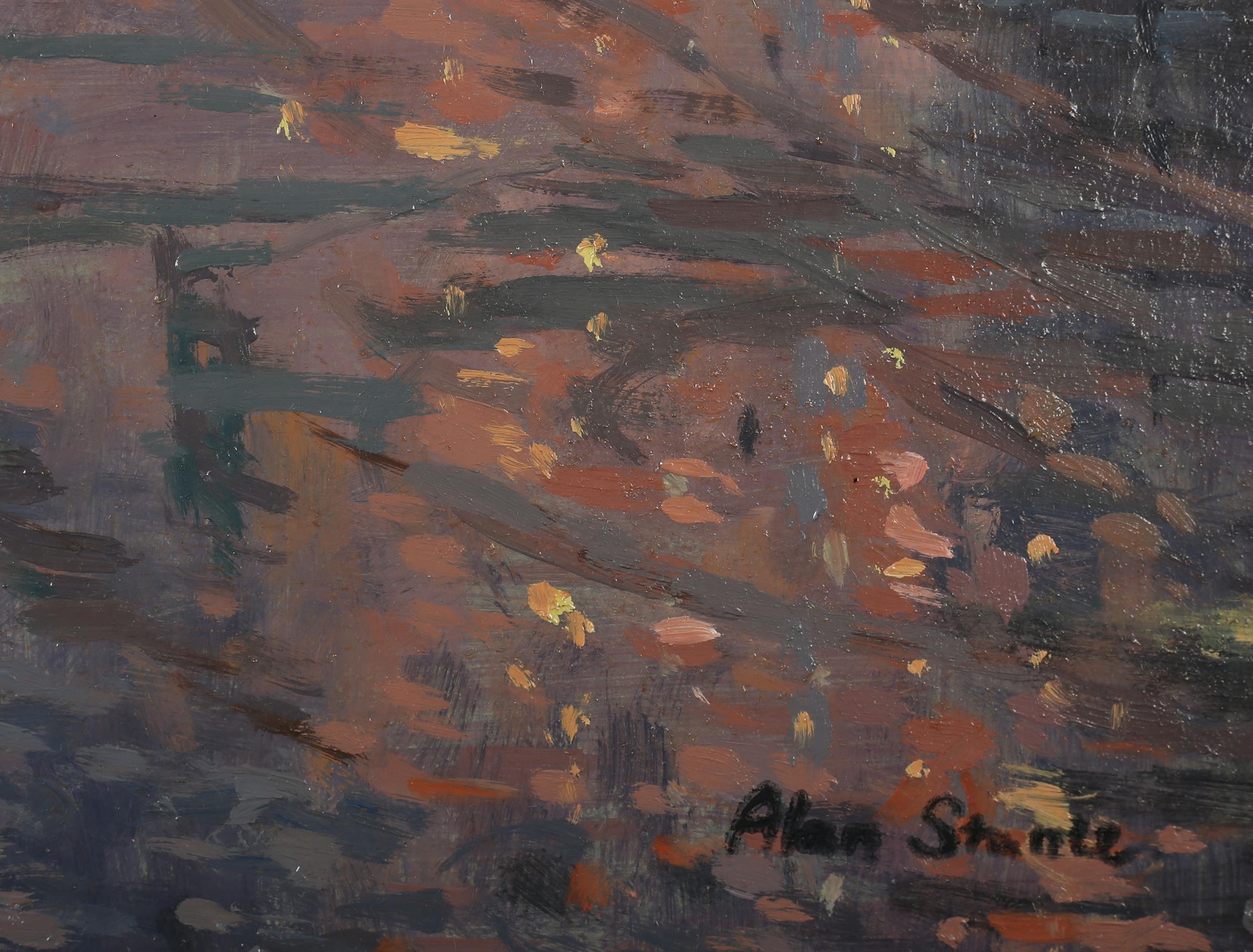 ARR Alan Stanle (20th century), The Thames at night with moored barges and bankside houses, oil on - Image 4 of 4