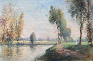 ARR J Barrie Haste (1931-2011) French river landscape with elegant figures on the riverside, oil