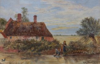 W H FINCH (fl.1900-1930) Mother and Child feeding chickens beside a thatched cottage, watercolour,