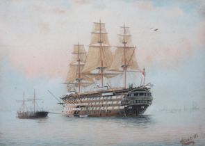 WILLIAM CLUETT (19th century) Man O' War and other shipping at anchor, watercolour and gouache,