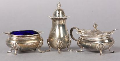 AN ELIZABETH II SILVER CONDIMENT SET, Birmingham 1959 for Adie Brothers, the pepper salt and mustard