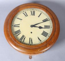 A 19TH CENTURY OAK CASED WALL CLOCK, having a painted dial with Roman numerals, 28cm dial, 40cm