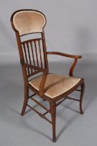 AN EDWARD VII MAHOGANY AND SATINWOOD INLAID OCCASIONAL CHAIR, having an upholstered panel above a