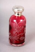 A SILVER MOUNTED AND RUBY GLASS SCENT BOTTLE OF PANELLED GLOBULAR FORM, import mark Birmingham 2001,