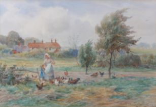 CLAUDE CARDON (1864-1937) Mother and Child feeding chickens in a field, watercolour, signed to lower