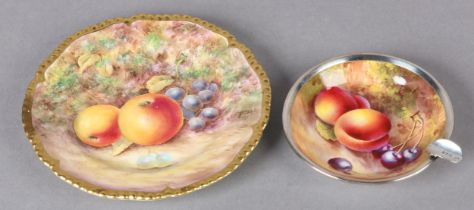 A ROYAL WORCESTER SILVER MOUNTED ASHTRAY hand painted with plums and cherries by E Townsend 10cm