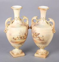 A PAIR OF GEORGE GRAINGER TWO-HANDLED PEDESTAL VASES, the ovoid body painted with sheep in a