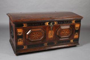 AN 18TH CENTURY DUTCH COLONIAL TEAK AND EBONY TRUNK, having a low domed lid and twin panels to the