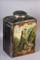 A 19TH CENTURY TOLEWARE TEA CADDY, rectangular, painted to the front panel with remains of a