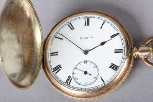 AN EARLY 20TH CENTURY POCKET WATCH BY ELGIN, in 9ct rose gold, keystone hunter case no. 5537871,