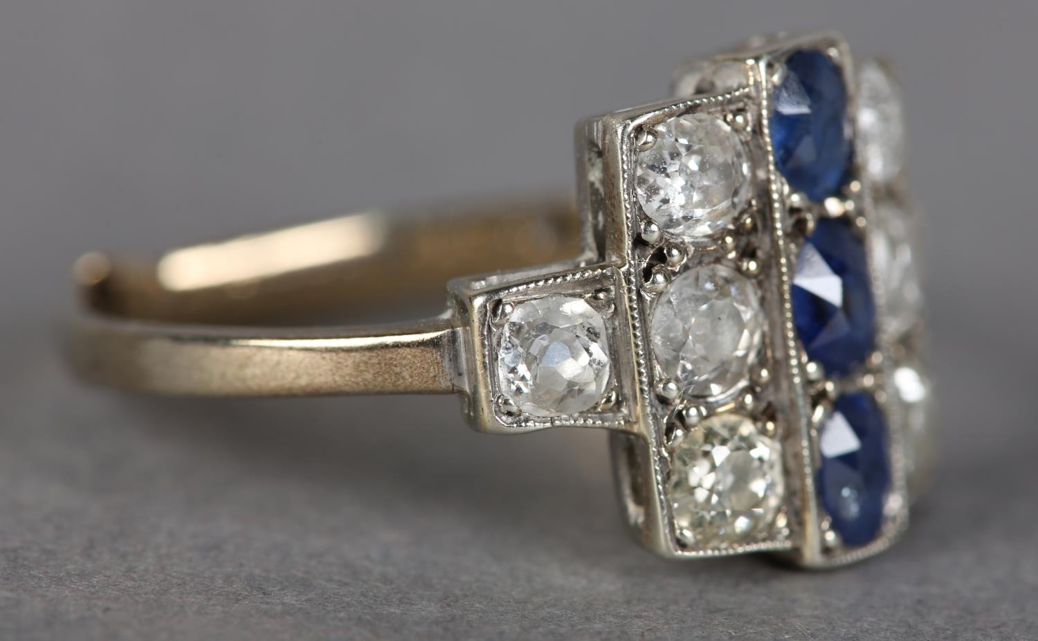 AN ART DECO SAPPHIRE AND DIAMOND CLUSTER RING in platinum set to the centre with three oval - Image 2 of 3