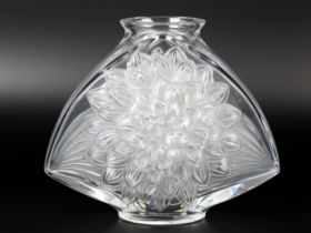 A LALIQUE 'DAHLIA' OPAQUE and clear glass vase of triangular form moulded in relief with dahlia