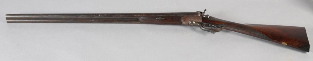 A 19TH CENTURY DOUBLE BARRELLED TWELVE BORE PIN FIRE SHOT GUN by J T Plimley & Co, 30'' barrels with