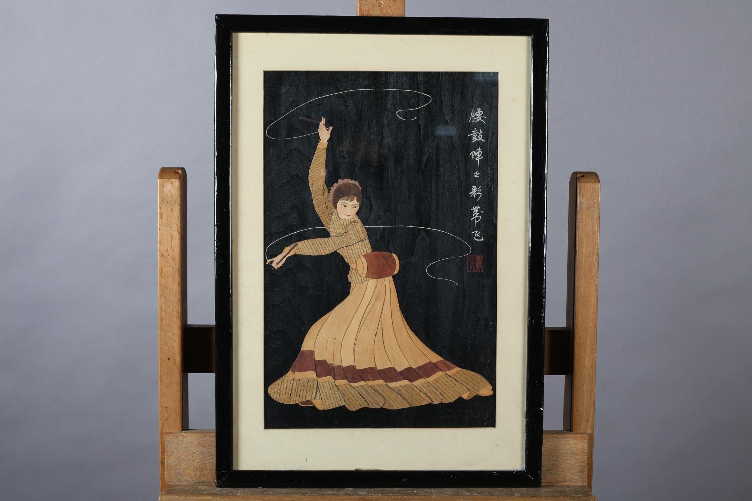 A CHINESE FIGURE OF A FEMALE DANCER collage in sample woods and watercolour on paper with painted - Image 2 of 5