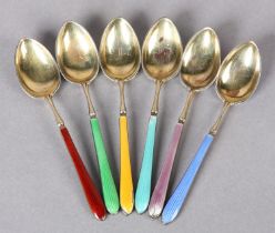 A SET OF SIX GEORGE V SILVER GILT GUILLOCHE COFFEE SPOONS, Birmingham 1931 for Barker Brothers