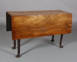 A MID 18TH CENTURY FIGURED MAHOGANY PEMBROKE TABLE, having twin rectangular leaves, on rounded