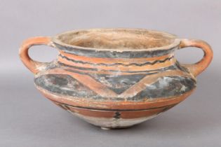 AFTER THE ANTIQUE MEDITERRANEAN TWO HANDLED EARTHENWARE VESSEL of compressed circular form painted