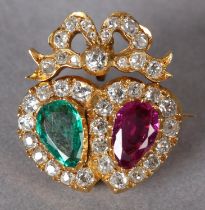 A VICTORIAN RUBY, EMERALD AND DIAMOND DOUBLE HEART PENDANT/BROOCH in 18ct gold, the pear shaped