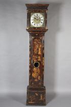 AN 18TH CENTURY BLACK LACQUERED CHINOISERIE LONGCASE CLOCK, having an 8-day striking movement, brass