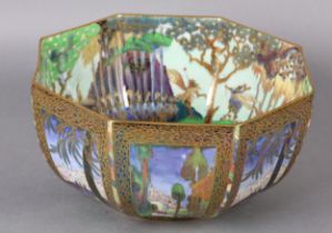 A LARGE WEDGWOOD FAIRYLAND LUSTRE BOWL, octagonal, Castle on the Road to the exterior, z5125 and