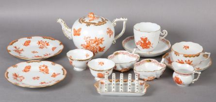 A HEREND PORCELAIN BREAKFAST SET of Chinese Bouquet Apponyi coral design including teacup and