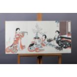 A JAPANESE WOOD CUT IN COLOUR, Meiji period, of elegant ladies about to take tea, signed, in three