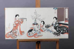 A JAPANESE WOOD CUT IN COLOUR, Meiji period, of elegant ladies about to take tea, signed, in three