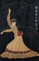 A CHINESE FIGURE OF A FEMALE DANCER collage in sample woods and watercolour on paper with painted